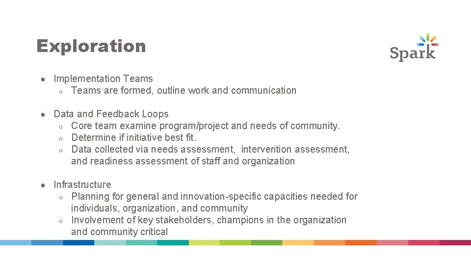Exploration ● Implementation Teams ○ Teams are formed, outline work and communication ● Data Exploration ● Implementation Teams ○ Teams are formed, outline work and communication ● Data