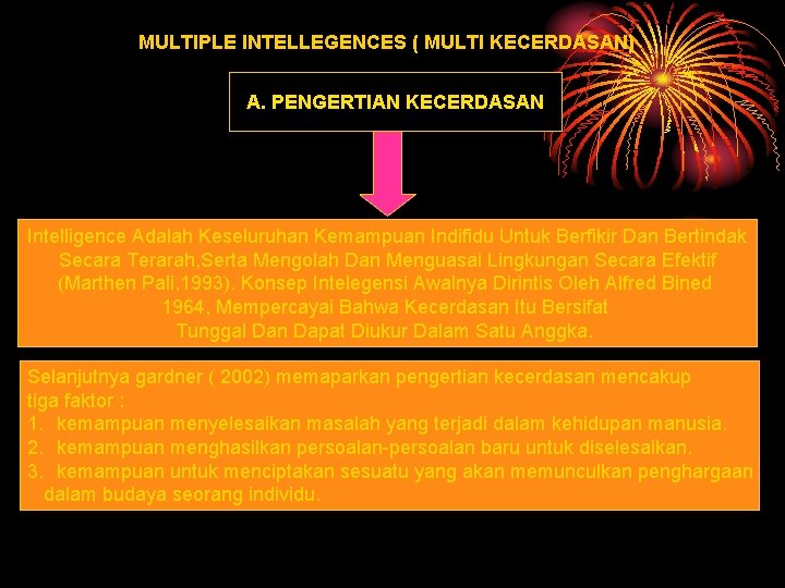 MULTIPLE INTELLEGENCES ( MULTI KECERDASAN) A. PENGERTIAN KECERDASAN Intelligence Adalah Keseluruhan Kemampuan Indifidu Untuk