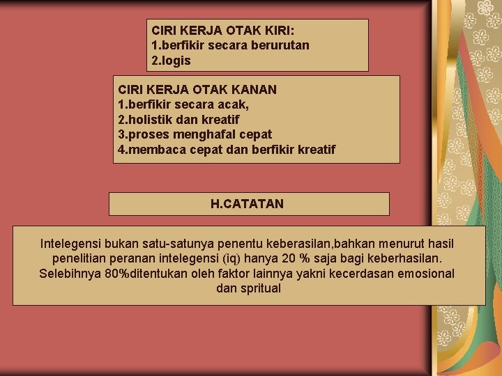 CIRI KERJA OTAK KIRI: 1. berfikir secara berurutan 2. logis CIRI KERJA OTAK KANAN CIRI KERJA OTAK KIRI: 1. berfikir secara berurutan 2. logis CIRI KERJA OTAK KANAN