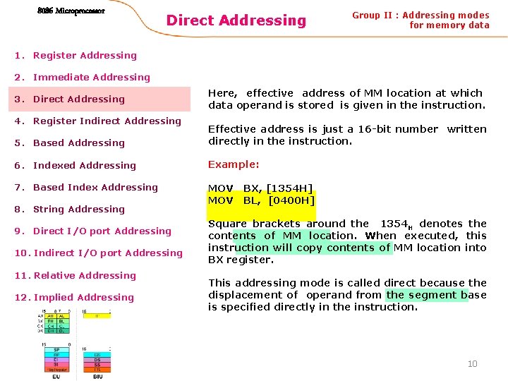 8086 Microprocessor Direct Addressing Group II : Addressing modes for memory data 1. Register