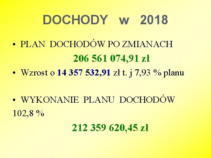 DOCHODY w 2018 • PLAN DOCHODÓW PO ZMIANACH 206 561 074, 91 zł •