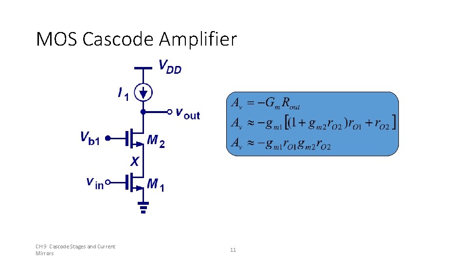 MOS Cascode Amplifier CH 9 Cascode Stages and Current Mirrors 11 MOS Cascode Amplifier CH 9 Cascode Stages and Current Mirrors 11