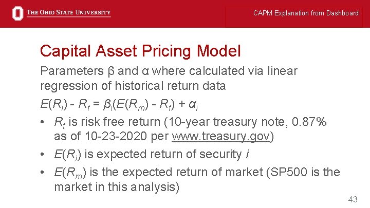 CAPM Explanation from Dashboard Capital Asset Pricing Model Parameters β and α where calculated