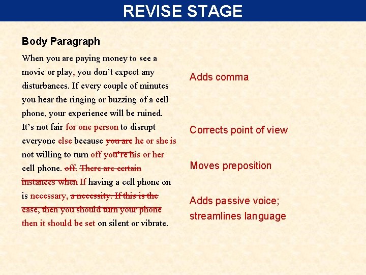 REVISE STAGE Body Paragraph When you are paying money to see a movie or