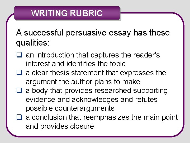 WRITING RUBRIC A successful persuasive essay has these qualities: q an introduction that captures