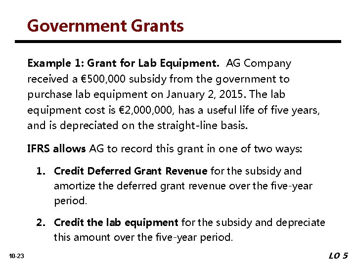 Government Grants Example 1: Grant for Lab Equipment. AG Company received a € 500,