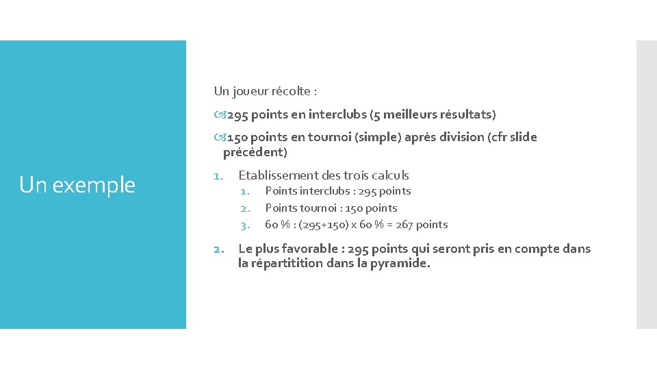 Un joueur récolte : 295 points en interclubs (5 meilleurs résultats) 150 points en