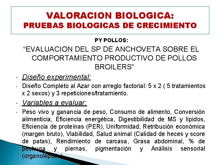 VALORACION BIOLOGICA: PRUEBAS BIOLOGICAS DE CRECIMIENTO PY POLLOS: • “EVALUACION DEL SP DE ANCHOVETA