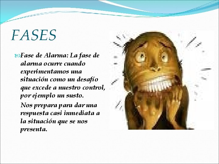 FASES Fase de Alarma: La fase de alarma ocurre cuando experimentamos una situación como