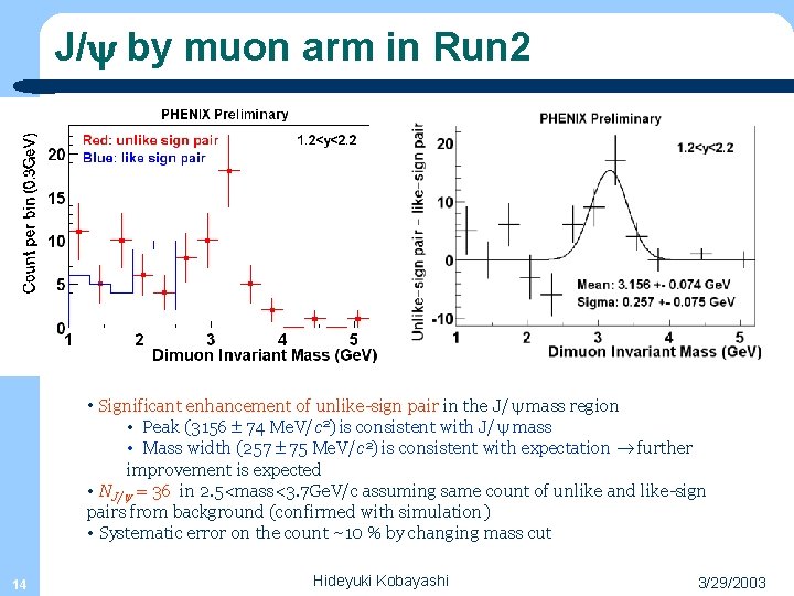 J/y by muon arm in Run 2 • Significant enhancement of unlike-sign pair in