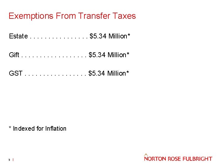 Exemptions From Transfer Taxes Estate. . . . $5. 34 Million* Gift. . .