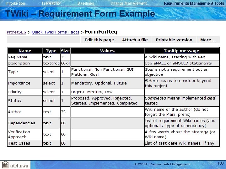 Introduction Traceability Baselines Change Management Requirements Management Tools TWiki – Requirement Form Example SEG Introduction Traceability Baselines Change Management Requirements Management Tools TWiki – Requirement Form Example SEG