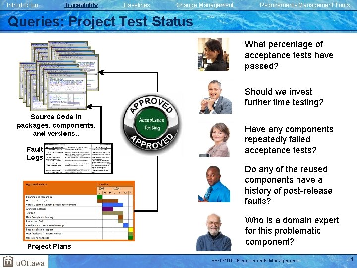 Introduction Traceability Baselines Change Management Requirements Management Tools Queries: Project Test Status What percentage Introduction Traceability Baselines Change Management Requirements Management Tools Queries: Project Test Status What percentage