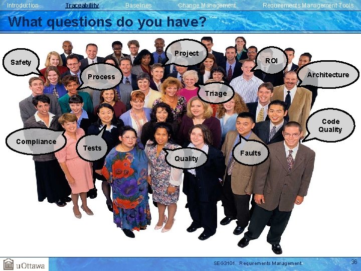 Introduction Traceability Baselines Change Management Requirements Management Tools What questions do you have? Project Introduction Traceability Baselines Change Management Requirements Management Tools What questions do you have? Project