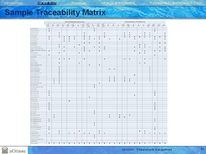 Introduction Traceability Baselines Change Management Requirements Management Tools Sample Traceability Matrix SEG 3101. Requirements Introduction Traceability Baselines Change Management Requirements Management Tools Sample Traceability Matrix SEG 3101. Requirements