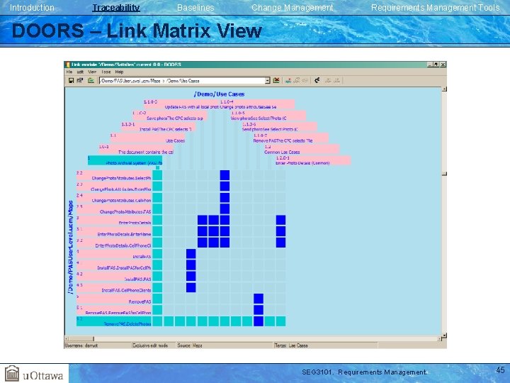 Introduction Traceability Baselines Change Management Requirements Management Tools DOORS – Link Matrix View SEG Introduction Traceability Baselines Change Management Requirements Management Tools DOORS – Link Matrix View SEG