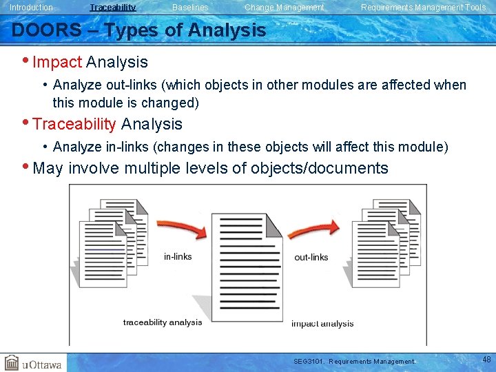 Introduction Traceability Baselines Change Management Requirements Management Tools DOORS – Types of Analysis • Introduction Traceability Baselines Change Management Requirements Management Tools DOORS – Types of Analysis •