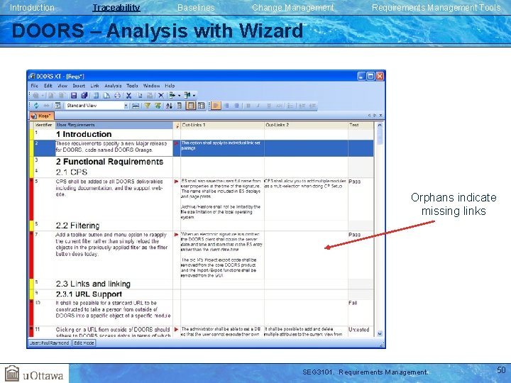 Introduction Traceability Baselines Change Management Requirements Management Tools DOORS – Analysis with Wizard Orphans Introduction Traceability Baselines Change Management Requirements Management Tools DOORS – Analysis with Wizard Orphans