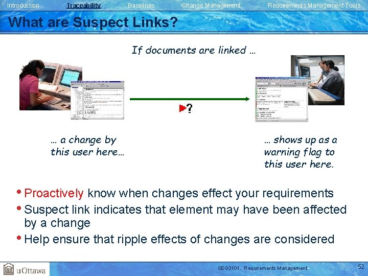 Introduction Traceability Baselines Change Management Requirements Management Tools What are Suspect Links? If documents Introduction Traceability Baselines Change Management Requirements Management Tools What are Suspect Links? If documents