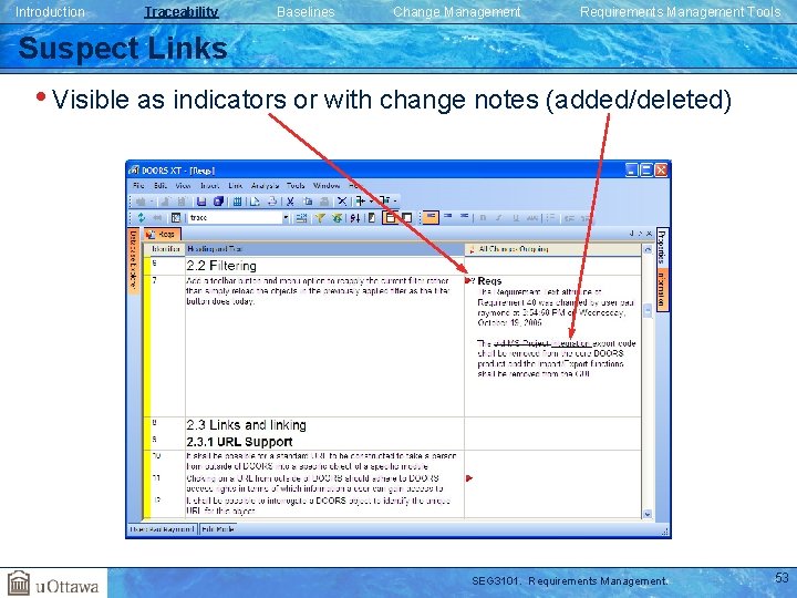 Introduction Traceability Baselines Change Management Requirements Management Tools Suspect Links • Visible as indicators Introduction Traceability Baselines Change Management Requirements Management Tools Suspect Links • Visible as indicators