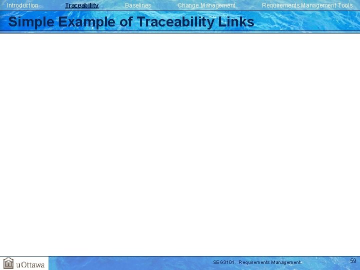 Introduction Traceability Baselines Change Management Requirements Management Tools Simple Example of Traceability Links SEG Introduction Traceability Baselines Change Management Requirements Management Tools Simple Example of Traceability Links SEG