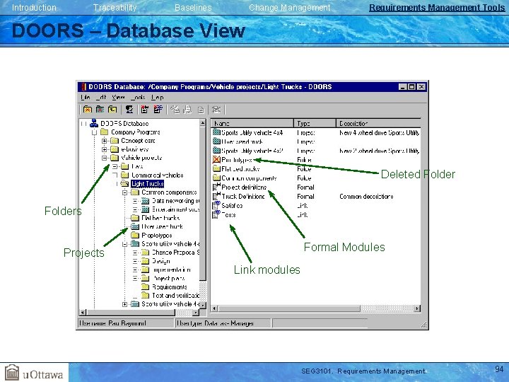 Introduction Traceability Baselines Change Management Requirements Management Tools DOORS – Database View Deleted Folders Introduction Traceability Baselines Change Management Requirements Management Tools DOORS – Database View Deleted Folders