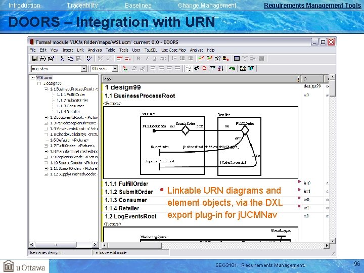 Introduction Traceability Baselines Change Management Requirements Management Tools DOORS – Integration with URN • Introduction Traceability Baselines Change Management Requirements Management Tools DOORS – Integration with URN •