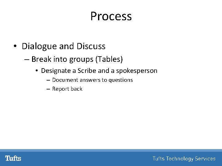 Process • Dialogue and Discuss – Break into groups (Tables) • Designate a Scribe