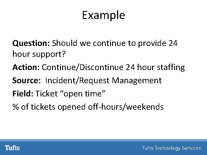 Example Question: Should we continue to provide 24 hour support? Action: Continue/Discontinue 24 hour