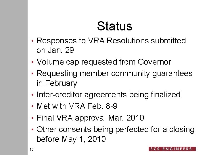 Status • Responses to VRA Resolutions submitted • • • 12 on Jan. 29