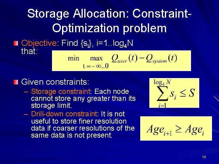 Storage Allocation: Constraint. Optimization problem Objective: Find {si}, i=1. . log 4 N that: