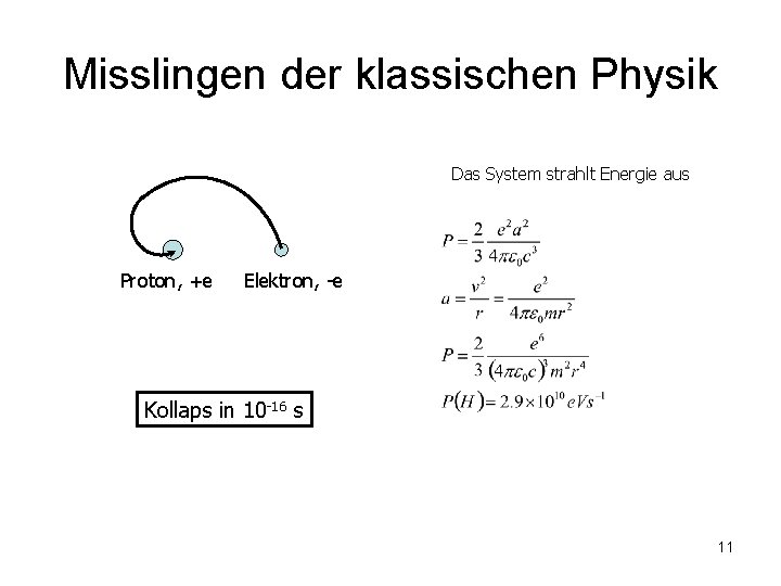 Misslingen der klassischen Physik Das System strahlt Energie aus Proton, +e Elektron, -e Kollaps