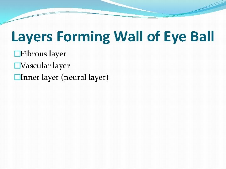 Layers Forming Wall of Eye Ball �Fibrous layer �Vascular layer �Inner layer (neural layer)