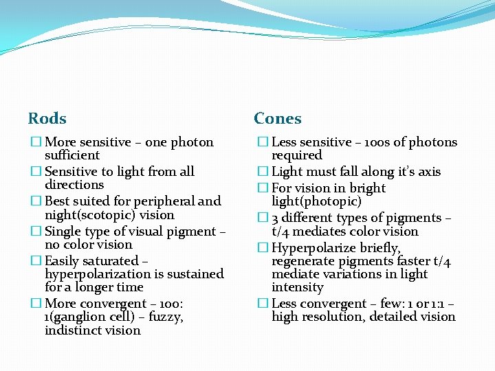 Rods Cones � More sensitive – one photon sufficient � Sensitive to light from