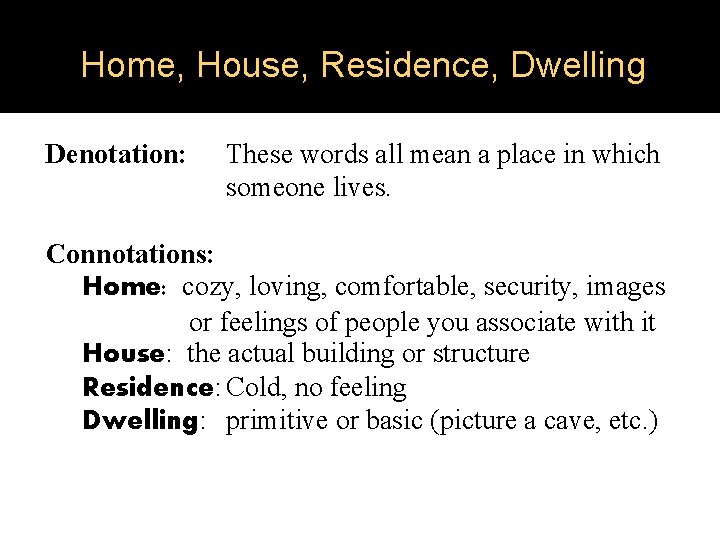 Home, House, Residence, Dwelling Denotation: These words all mean a place in which someone