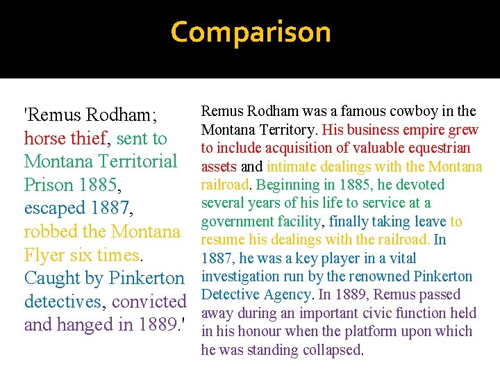 Comparison 'Remus Rodham; horse thief, sent to Montana Territorial Prison 1885, escaped 1887, robbed
