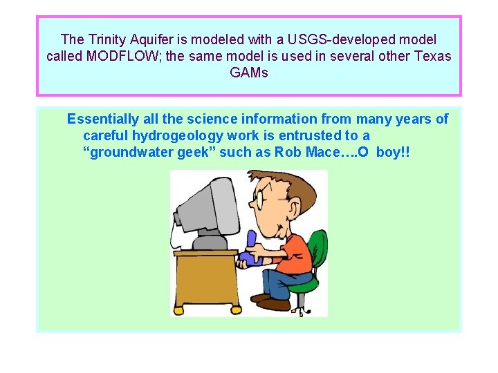 The Trinity Aquifer is modeled with a USGS-developed model called MODFLOW; the same model