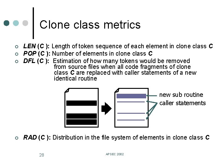 Clone class metrics ¢ ¢ ¢ LEN (C ): Length of token sequence of