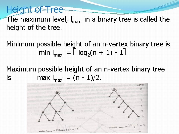 Height of Tree The maximum level, lmax in a binary tree is called the