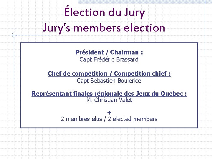 Élection du Jury’s members election Président / Chairman : Capt Frédéric Brassard Chef de