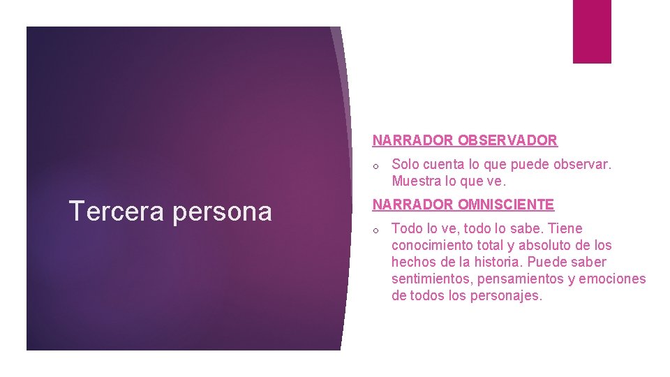 NARRADOR OBSERVADOR o Tercera persona Solo cuenta lo que puede observar. Muestra lo que