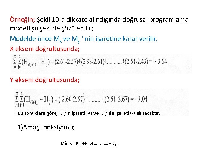 Örneğin; Şekil 10 -a dikkate alındığında doğrusal programlama modeli şu şekilde çözülebilir; Modelde önce