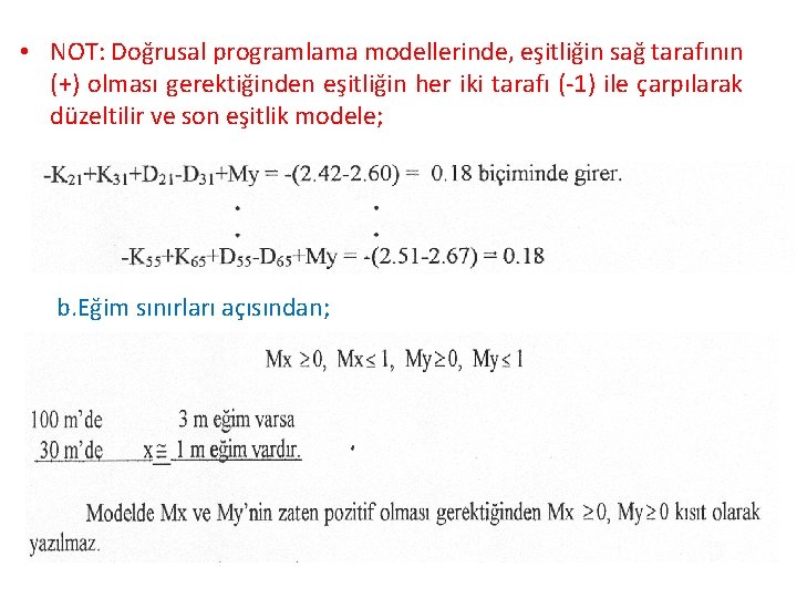  • NOT: Doğrusal programlama modellerinde, eşitliğin sağ tarafının (+) olması gerektiğinden eşitliğin her