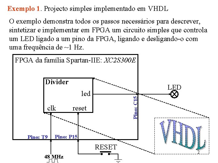 Exemplo 1. Projecto simples implementado em VHDL O exemplo demonstra todos os passos necessários