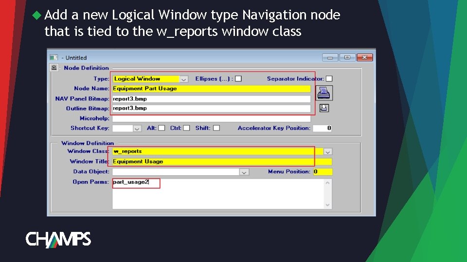  Add a new Logical Window type Navigation node that is tied to the