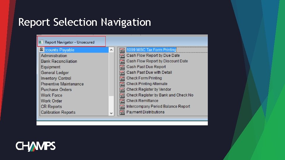 Report Selection Navigation 