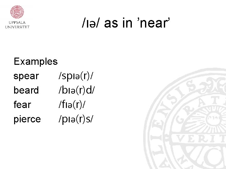 /ıə/ as in ’near’ Examples spear /spıə(r)/ beard /bıə(r)d/ fear /fıə(r)/ pierce /pıə(r)s/ 