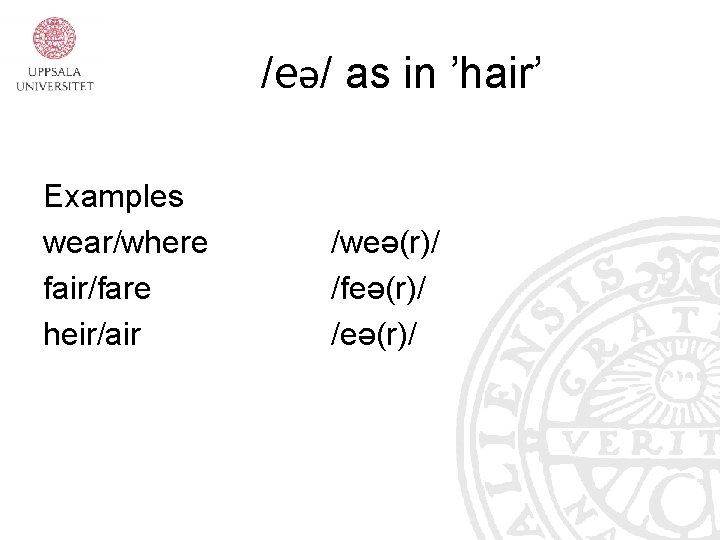 /eə/ as in ’hair’ Examples wear/where fair/fare heir/air /weə(r)/ /feə(r)/ /eə(r)/ 