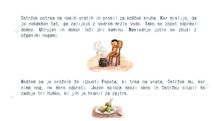 Ostržek potrka na nekih vratih in prosil za košček kruha. Ker mislijo, da je