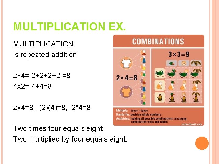 MULTIPLICATION EX. MULTIPLICATION: is repeated addition. 2 x 4= 2+2+2+2 =8 4 x 2=